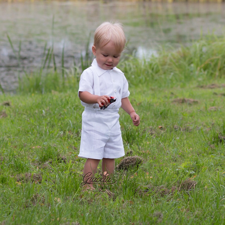 Baby Boy White Suspenders Shorts Shirt Toddler Linen Jumpsuit Etsy