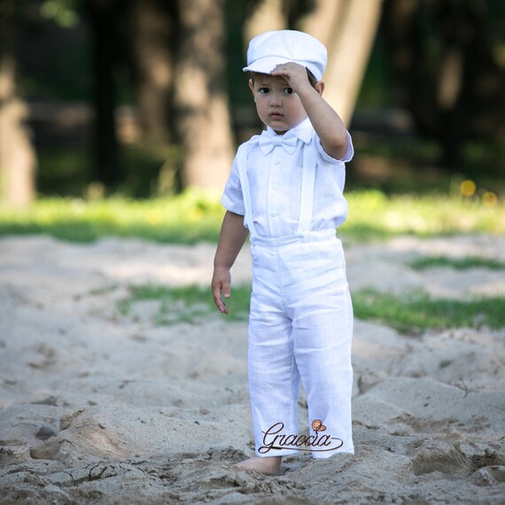 Boy White Linen Pants Suspenders Shirt Newsboy Hat Toddler Boy