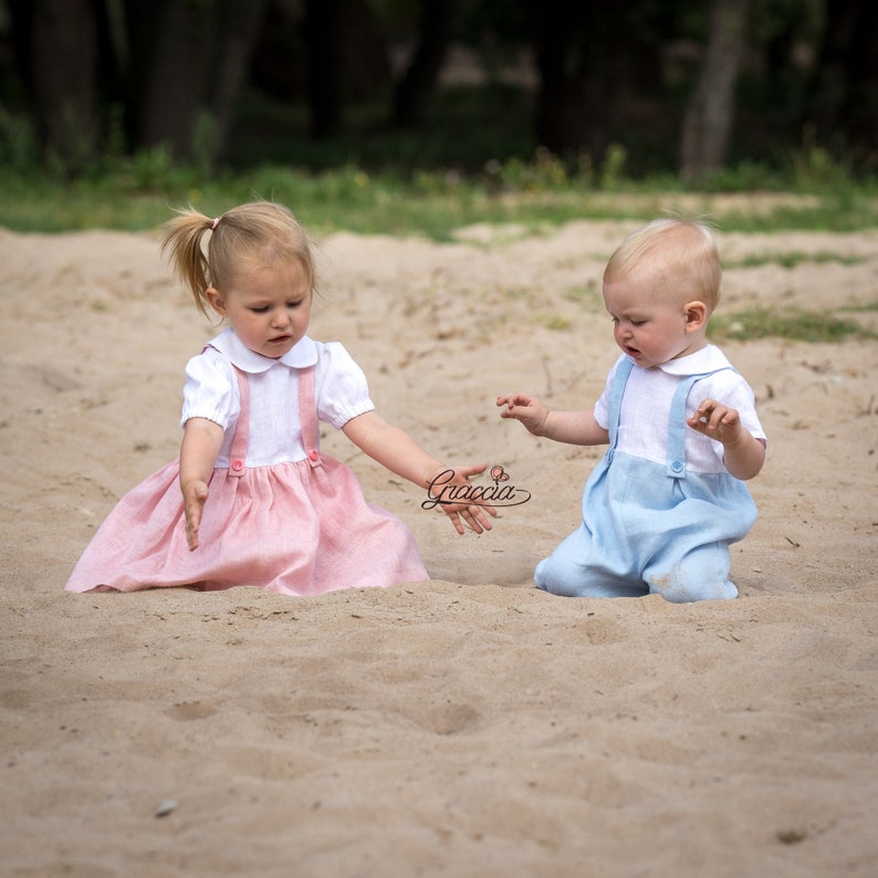 Baby girl linen dress Baptism dress Christening dress Flower girl dress Baby girl dress for wedding Girl pink white dress Photo prop girl