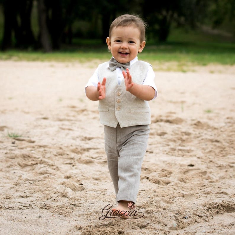 Baby boy linen suit Ring bearer outfit Boy baptism natural clothes 1st birthday outfit Rustic wedding boy outfit Boy formal vest pants shirt