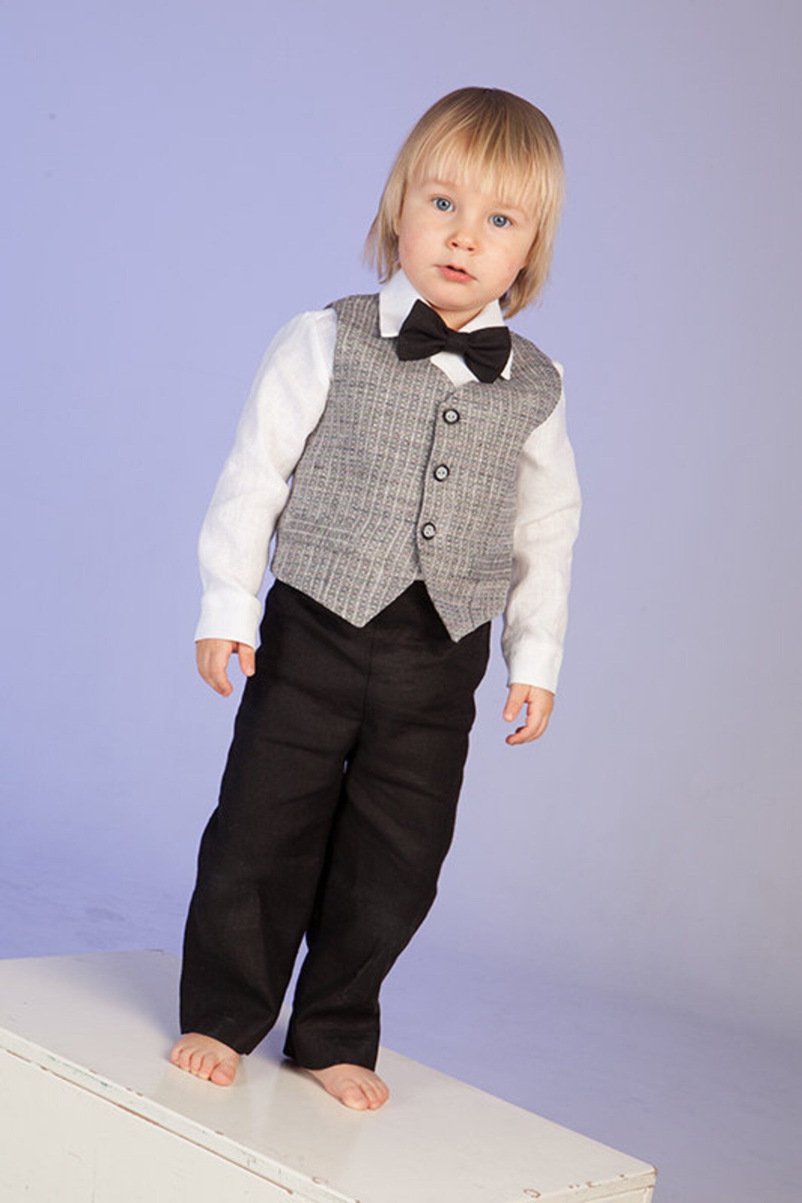 Baby Boy Linen Suit Toddler Boy Gray Vest Black Pantsbow Etsy
