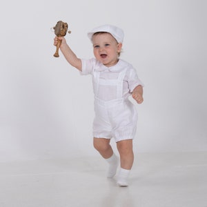 Baby boy white linen outfit, Baptism suit, Infant newsboy hat bloomers with suspenders shirt, gift for newborn, Peter Pan collar image 2