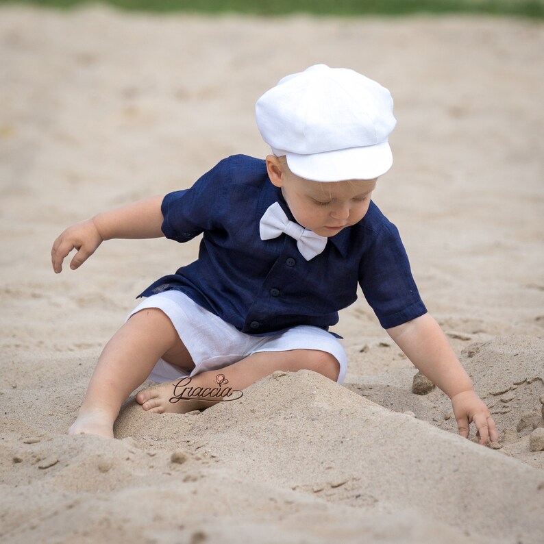 Page boy outfit Baby boy linen suit Toddler navy blue shirt Etsy