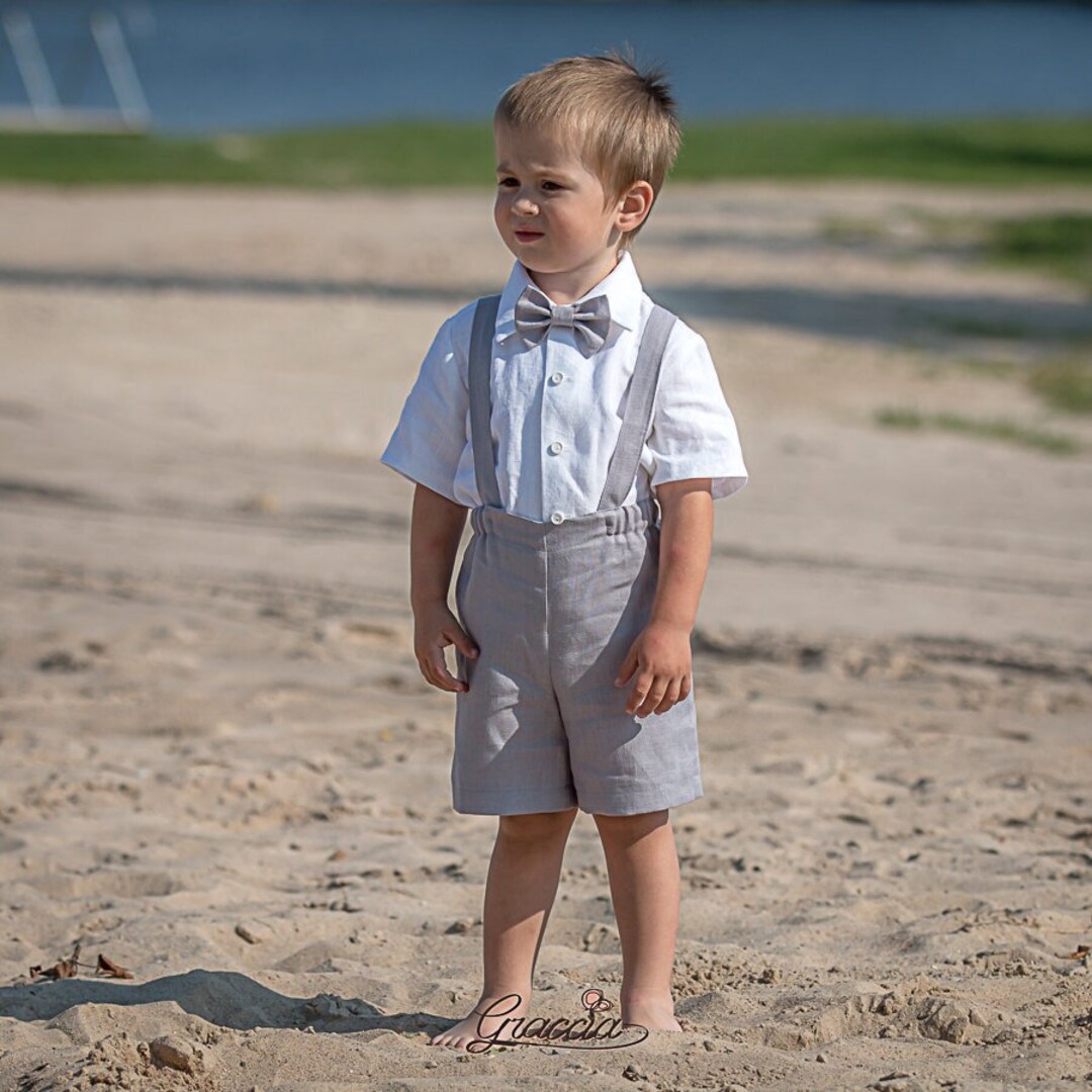 Toddler Boy Light Gray Linen Suit, Baby Boy Gray Shortssuspendersbow Tie, White Shirt, Baptism