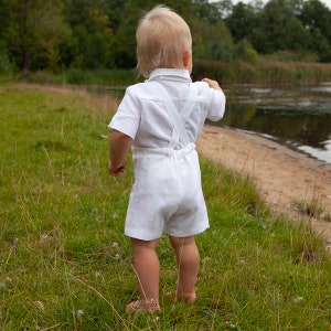 White newsboy outfit Baby boy suspenders suit Page boy white linen suit Baptism outfit Christening suit Toddler newsboy hat shirt shorts image 2