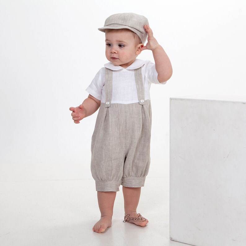 Baby Boy Natural Linen Romper and Hat, Baby Tan Newsboy Outfit, Baptism