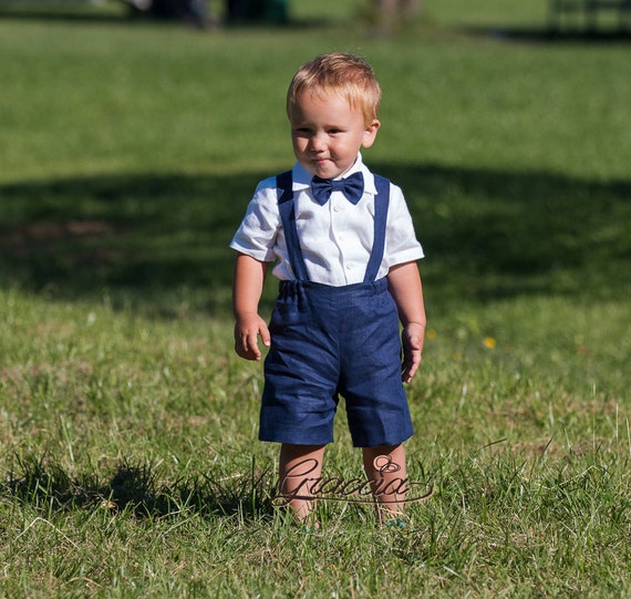 Baby Boy Navy Blue Outfit, Toddler Boy Suspenders Suit, Page Boy Blue  Outfit, Boy Linen Shorts Suspenders Shirt, Nautical Wedding Boy Suit 