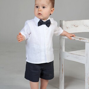 Toddler boy gray shorts and bow tie, White shirt, Baby boy linen suit, Ring bearer outfits, many color clothes image 3