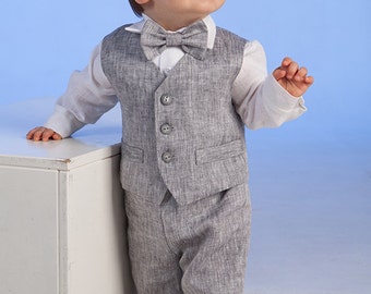 Baby boy gray pants suit, Toddler linen vest+trousers+shirt+bow tie, Page boy clothes, Ring bearer outfit, baptism formal set, gray melange