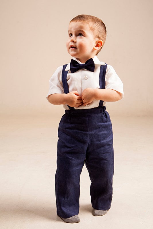 Toddler Boy Navy Blue Linen Pantssuspendersbow Tie Baby Boy Etsy