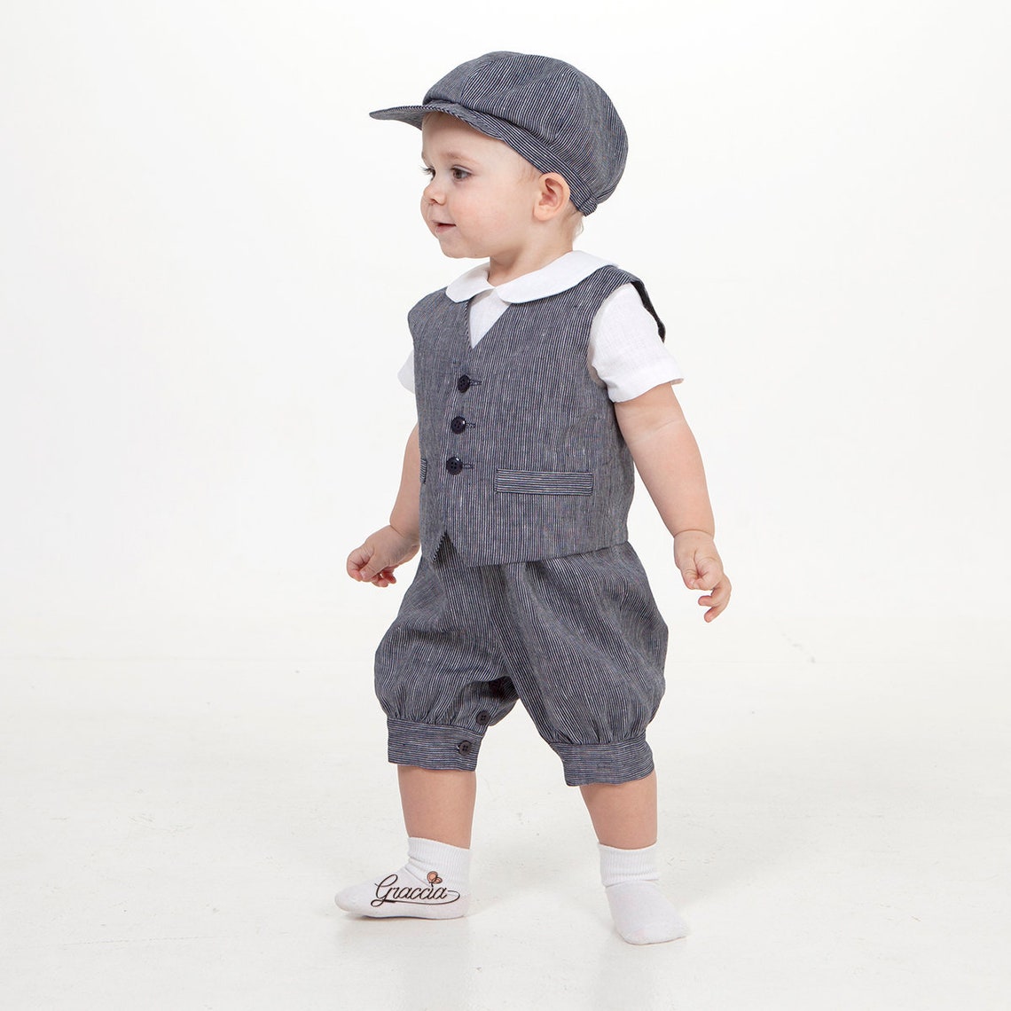 Baby Boy Navy Blue Suit Toddler Boy Linen Romper Vest Newsboy Etsy
