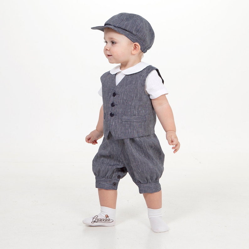 Baby Boy Navy Blue Suit Toddler Boy Linen Romper Vest Newsboy | Etsy