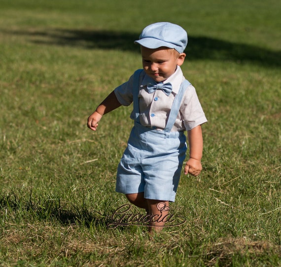Baby Boy Linen Outfit Boy Light Blue Shorts With Suspenders