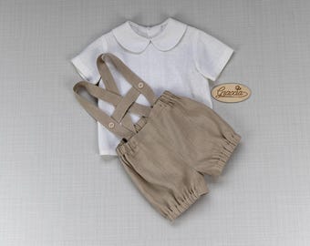 Baby beige outfit  Baby boy bloomers shorts with suspenders Baby girl bubble shorts Infant tan linen clothes Shirt with Peter pan collar