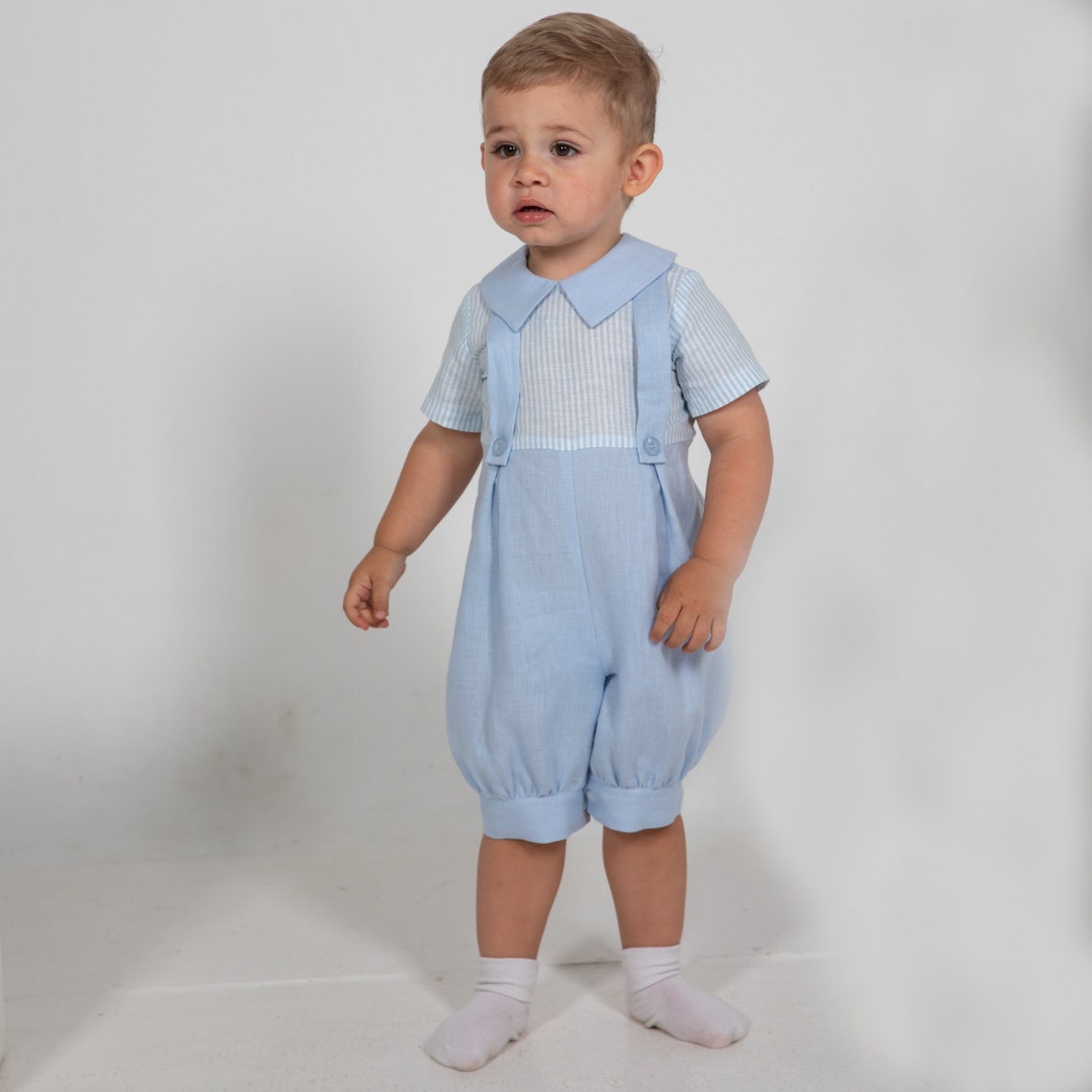 Baby boy light blue romper Toddler boy linen overalls Boy Etsy