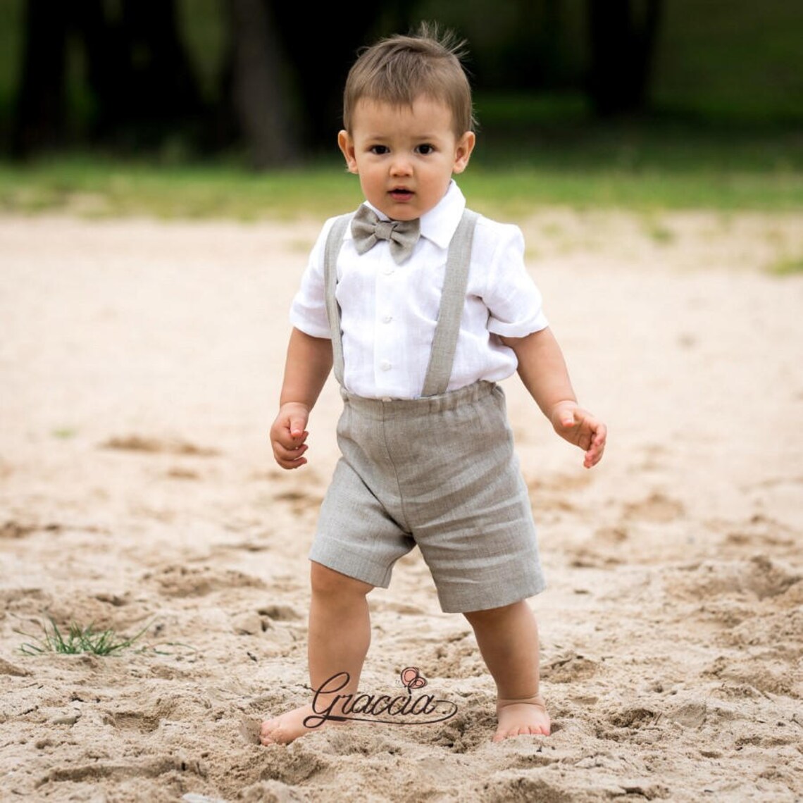 Baby boy suspenders suit Ring bearer outfit Boy linen suit Etsy