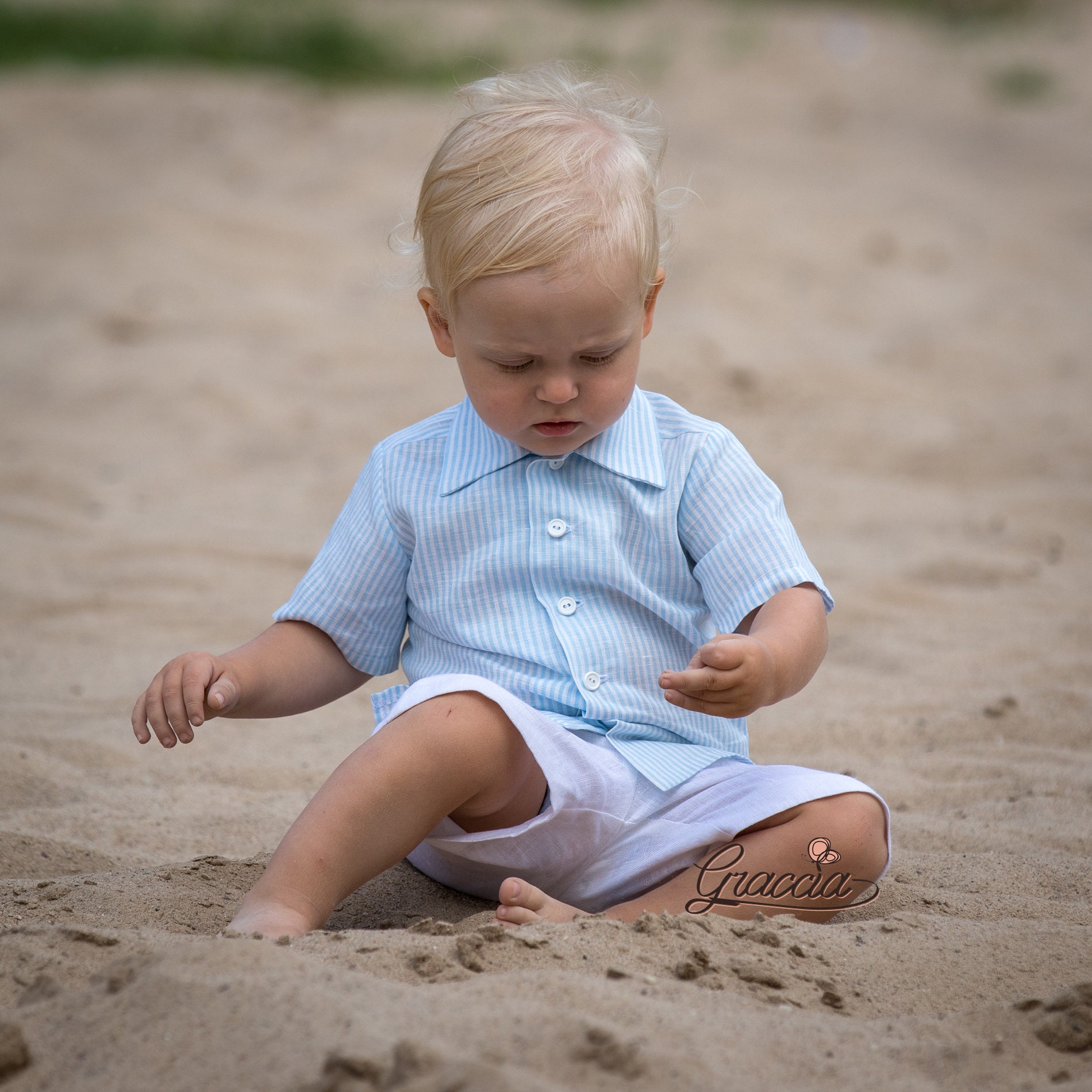 Baby boy linen suit Toddler white shorts light blue shirt 1st Etsy