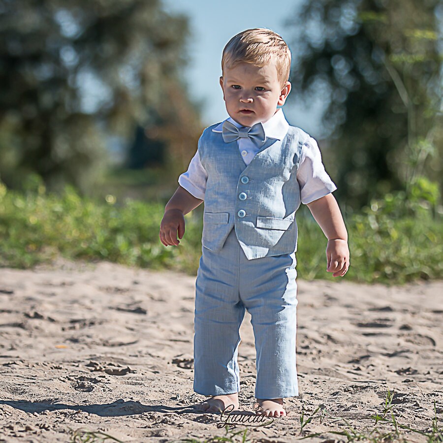 Ring bearer outfit Baby boy light blue suit Baptism linen suit Etsy