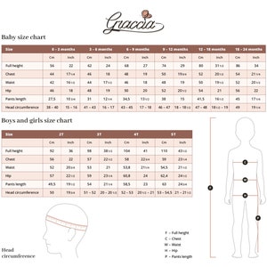 Puede incluir: Una tabla de tallas de la marca Graccia para beb&eacute;s y ni&ntilde;os, con dos tablas que muestran medidas en cent&iacute;metros y pulgadas. Incluye categor&iacute;as para altura total, pecho, cintura, cadera, largo de pantal&oacute;n y circunferencia de la cabeza con un diagrama.