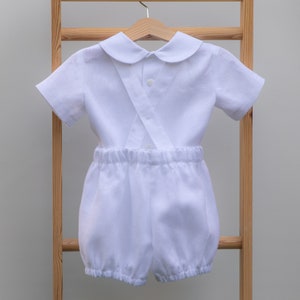 Baby boy white linen outfit, Baptism suit, Infant newsboy hat bloomers with suspenders shirt, gift for newborn, Peter Pan collar image 7