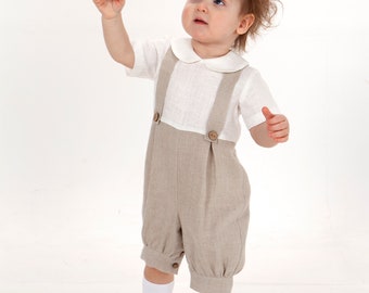 Natural linen romper with suspenders, Baby rustic outfit, boy overalls, baptism clothes, infant vintage suit, page boy outfit