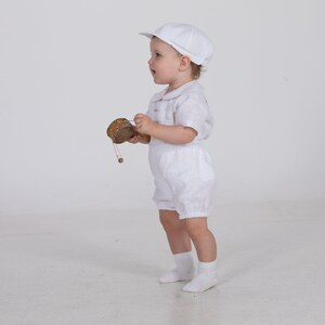 Baby boy white linen outfit, Baptism suit, Infant newsboy hat bloomers with suspenders shirt, gift for newborn, Peter Pan collar image 3