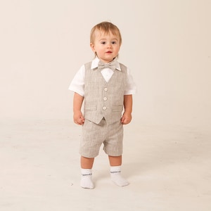 Baby boy vest shorts shirt Toddler boy beige linen suit Rustic ring bearer outfit Baby boy tan suit page boy vintage clothes formal tuxedo