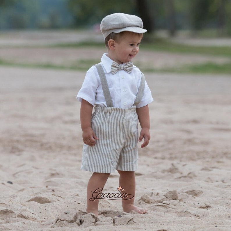 Boy tan shorts with suspenders, newsboy cap and bow tie, Rustic page boy outfit, Ring bearer suit, baby boy natural linen outfit retro style image 1