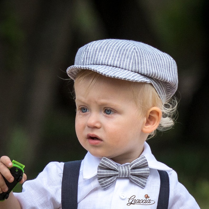 Baby boy linen romper newsboy hat Toddler boy gray overalls Etsy