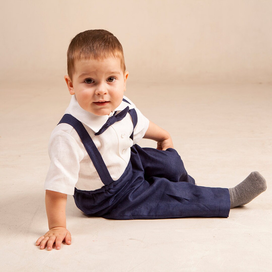 Toddler Boy Navy Blue Linen Pantssuspendersbow Tie Baby Boy Etsy