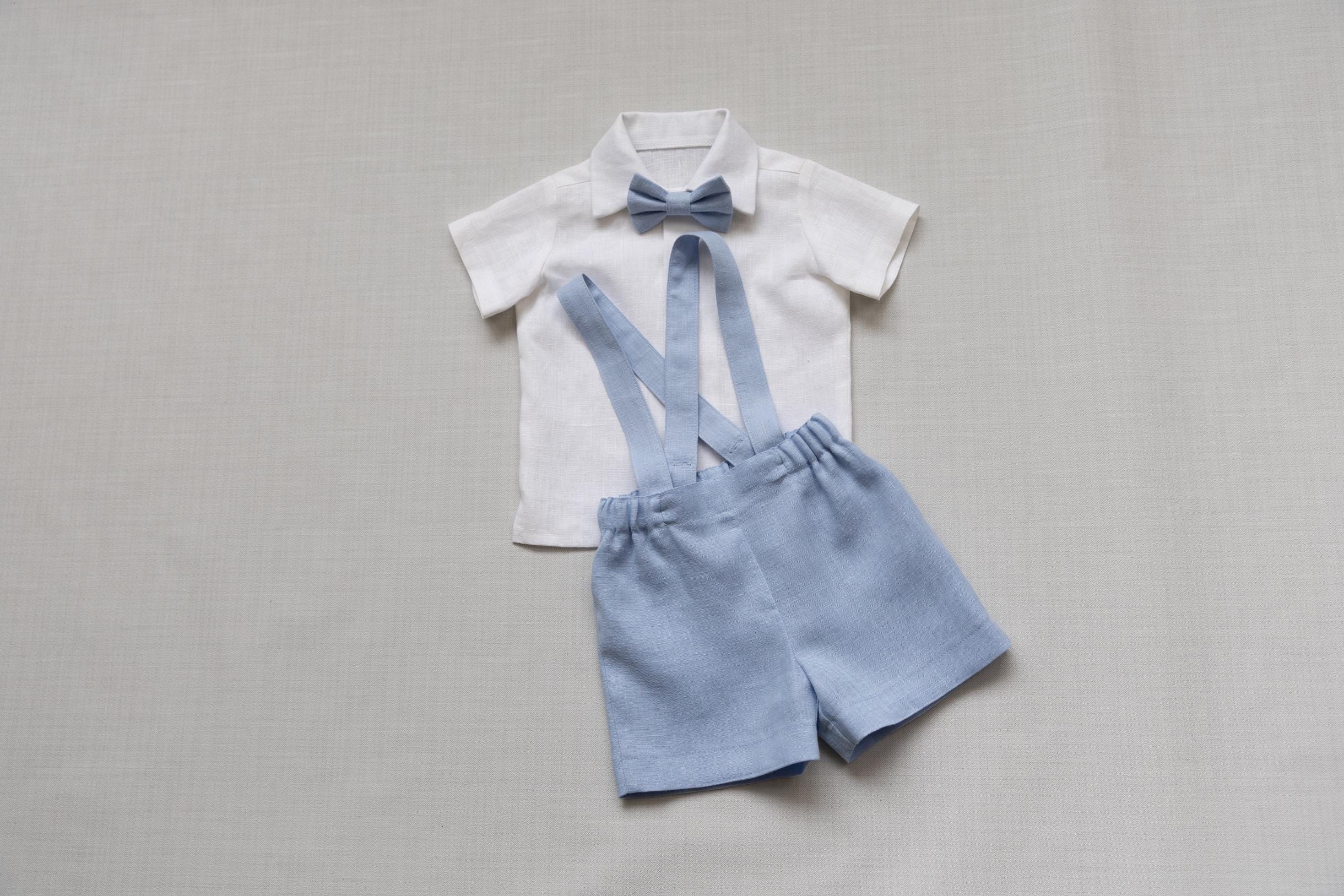 Baby boy light blue suit, Baptism outfit, Toddler boy linen shorts,suspenders, shirt,bow tie, page boy suit, wedding ring bearer outfit