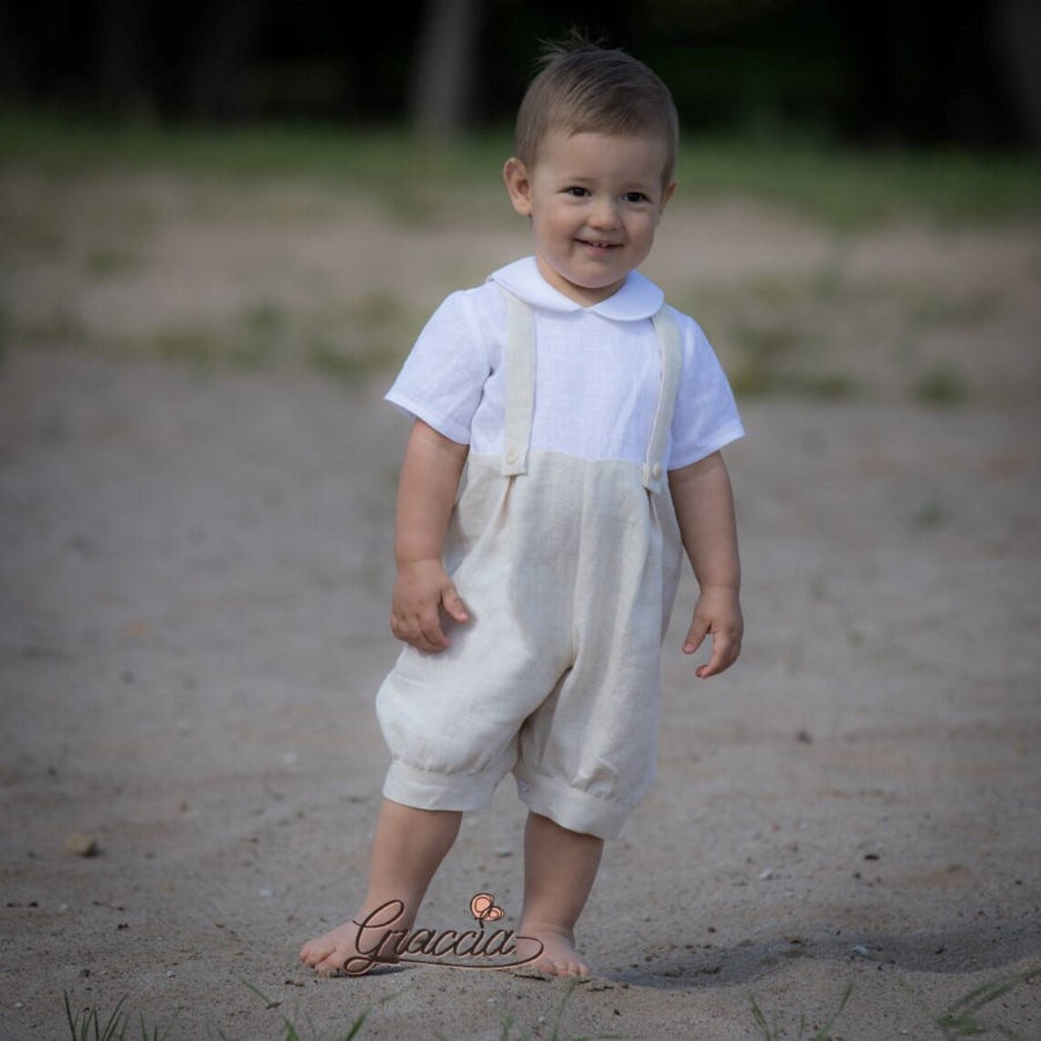 Baby Boy Ivory Romper Baptism Jumpsuit Boy Linen Dungarees Etsy