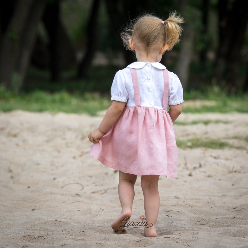 Baby girl linen dress Baptism dress Christening dress Flower girl dress Baby girl dress for wedding Girl pink white dress Photo prop girl
