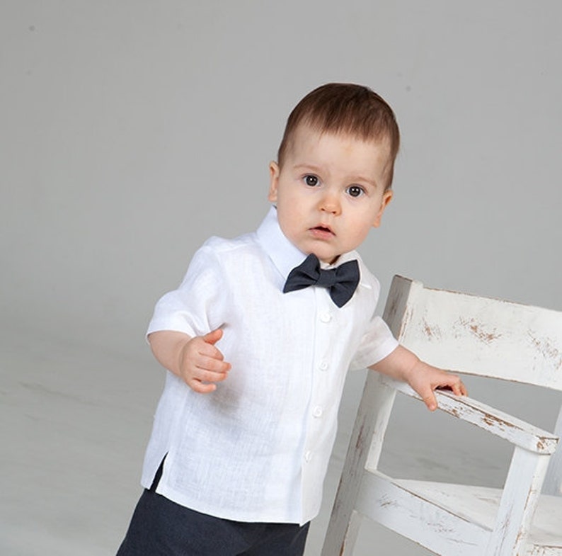 Baby boy linen shirt bow tie Ring bearer white shirt Baby boy Etsy