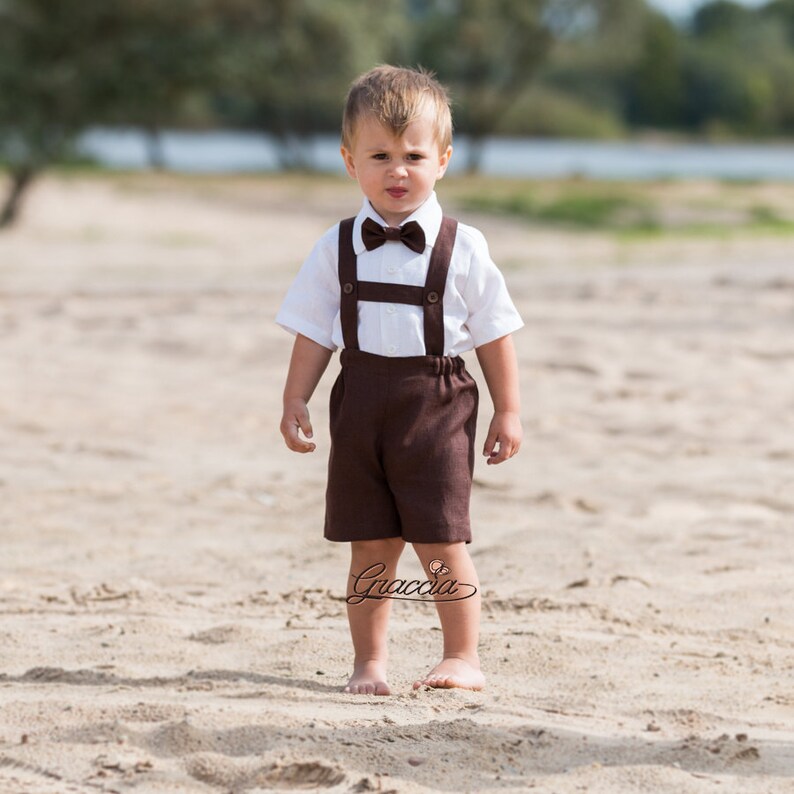 Toddler brown shorts with suspenders shirt Baby boy linen suit Etsy