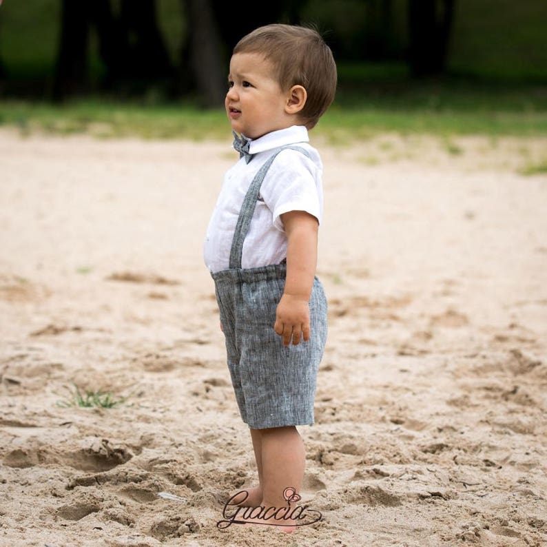 Gray ring bearer outfit Baby boy suspenders suit Toddler linen Etsy