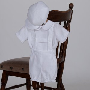 Baby boy white linen outfit, Baptism suit, Infant newsboy hat bloomers with suspenders shirt, gift for newborn, Peter Pan collar image 4