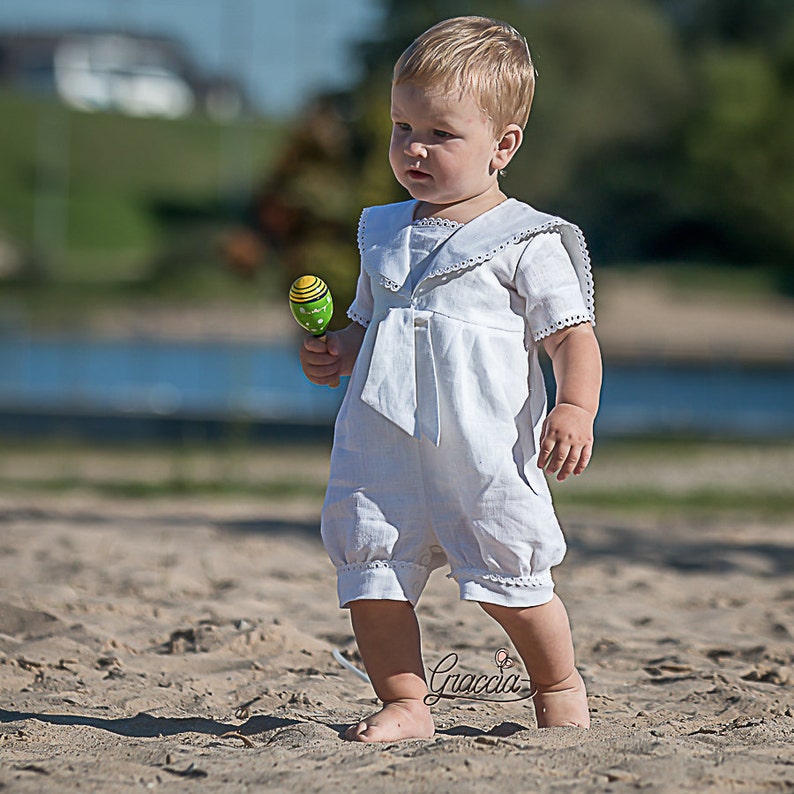 Baby Boy White Romper Toddler Boy Linen Overalls Baptism Etsy