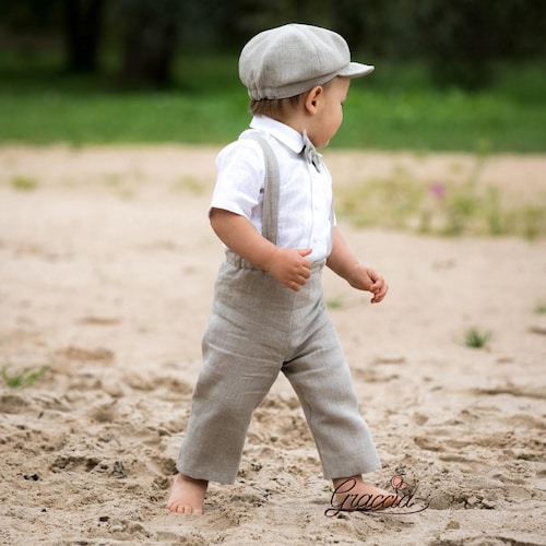 Baby boy wedding suit Ring bearer newsboy outfit Baby boy linen suit Pants Suspenders Newsboy hat shops Boy natural color suit