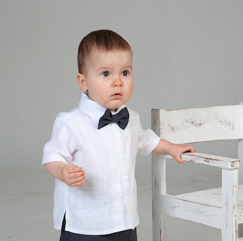 Baby boy linen shirt bow tie Ring bearer white shirt Baby boy | Etsy