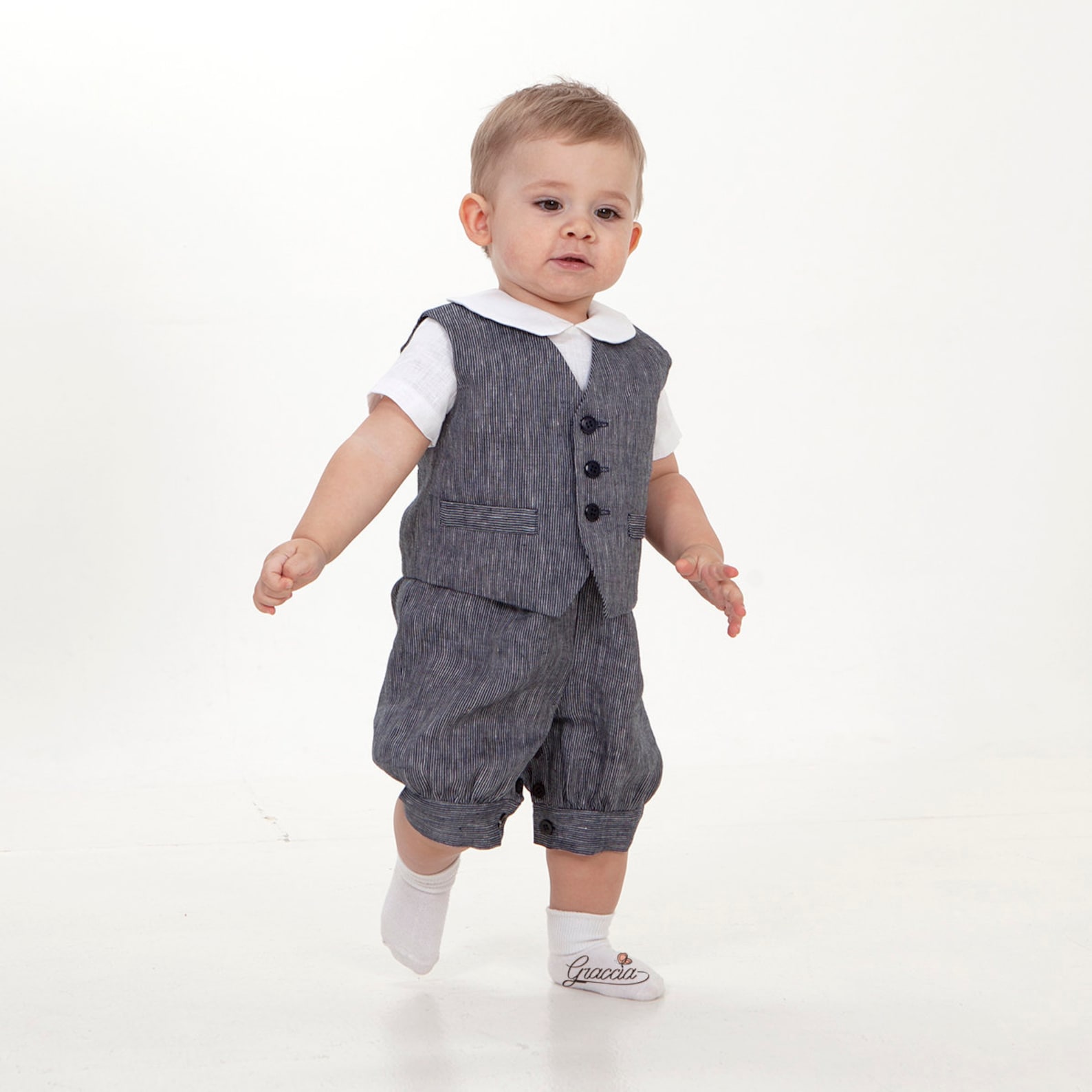 Baby Boy Navy Blue Suit Toddler Boy Linen Romper Vest Newsboy | Etsy
