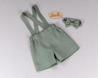 Boy Shorts With Suspenders Bow Tie Baby Boy Linen Outfit Toddler - Main Image