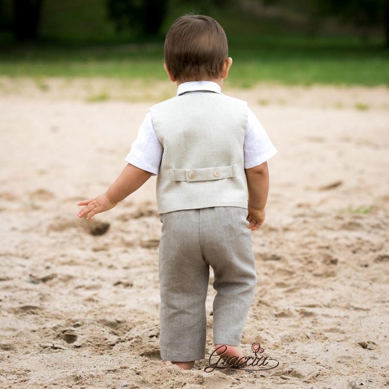 Baby boy linen suit Ring bearer outfit Boy baptism natural clothes 1st birthday outfit Rustic wedding boy outfit Boy formal vest pants shirt