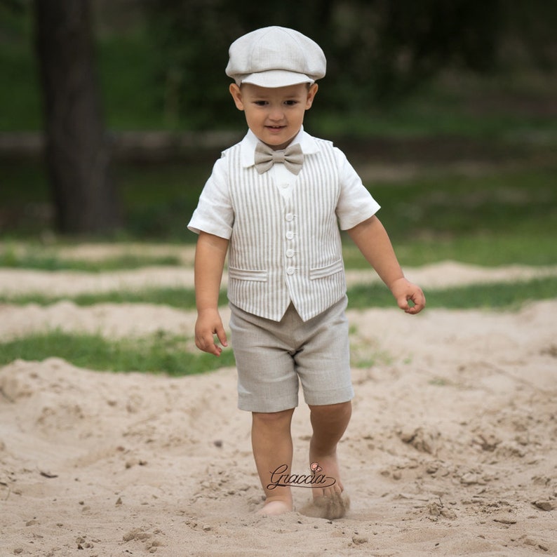Toddler linen outfit Baby boy vest shorts shirt newsboy hat | Etsy