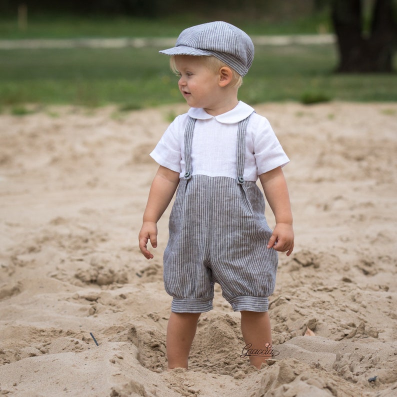 Baby boy linen romper newsboy hat Toddler boy gray overalls Etsy
