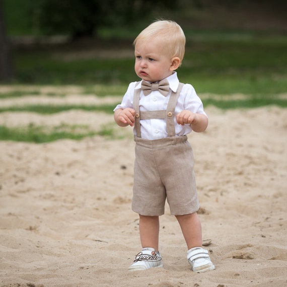 Baby Boys Gentlean Outfit Set Short Sleeve Roper Suspender Pants Bow Esg13827 - Baby Boy Outfit And Gentlean Roper Price