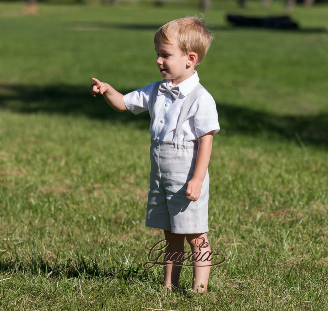 Boy Light Gray Suspender Shorts, Bow Tie and White Shirt, Baby Boy