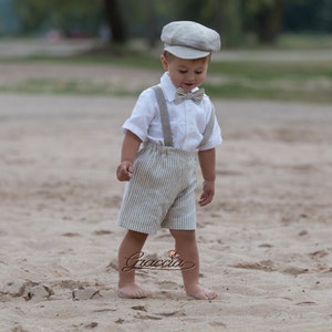 Boy tan shorts with suspenders, newsboy cap and bow tie, Rustic page boy outfit, Ring bearer suit, baby boy natural linen outfit retro style image 3