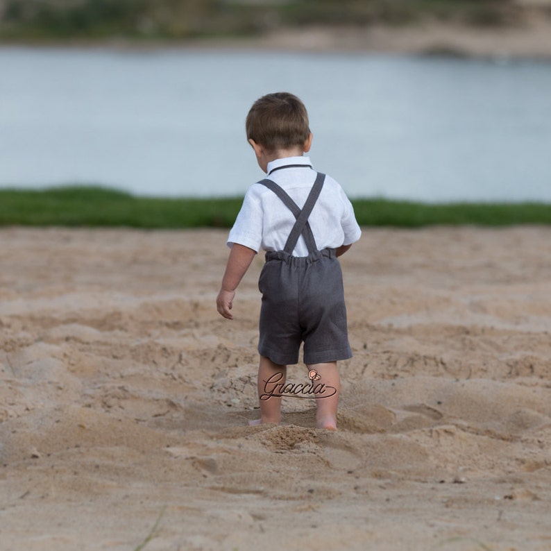 Page Boy Gray Linen Outfit Baby Boy Gray Shorts Suspenders Etsy Australia