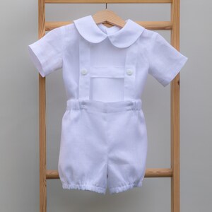 Baby boy white linen outfit, Baptism suit, Infant newsboy hat bloomers with suspenders shirt, gift for newborn, Peter Pan collar image 6